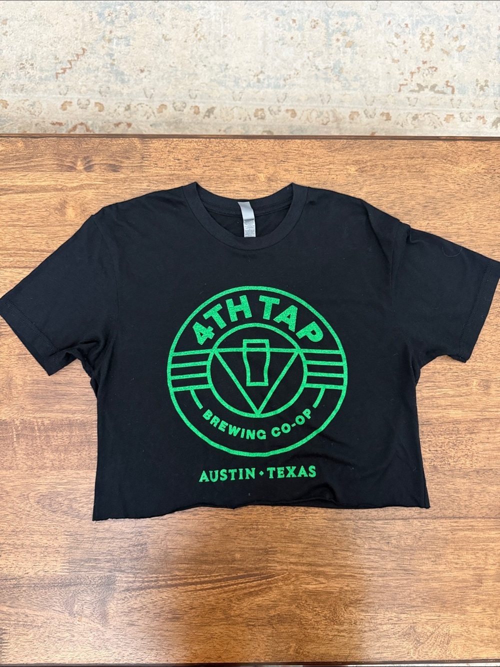 4th Tap Brewing Co-Op Austin Texas Black Crop T-Shirt with Green Logo